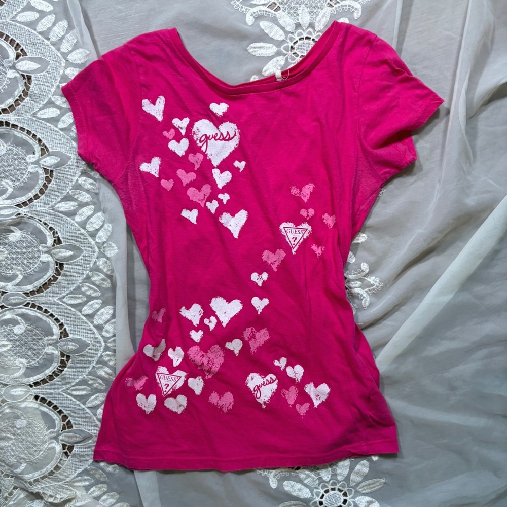 Y2K Cutie Guess Womens Pink Heart Graphic Short Sleeve T-Shirt Large